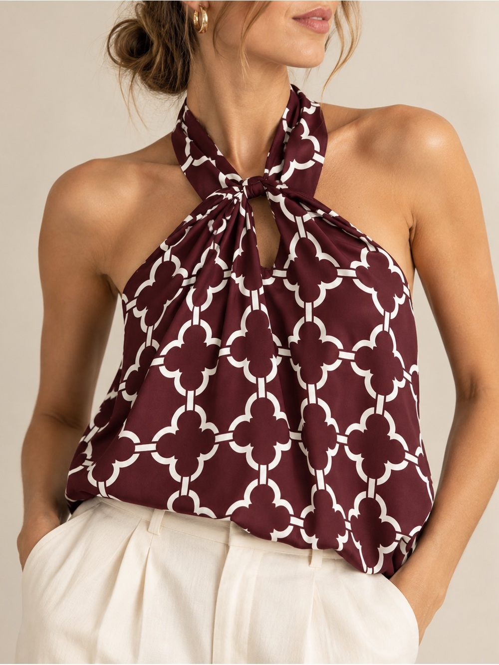 Newbury Kustom Burgundy Ivory Geometric Halter Tie Neck Top Size S Made USA